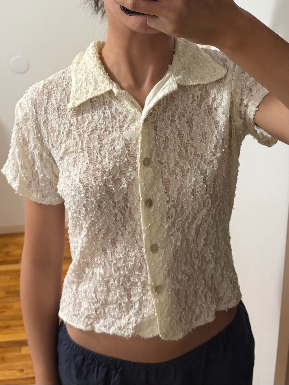 Lace Button-Front Short Sleeve Top — Cream